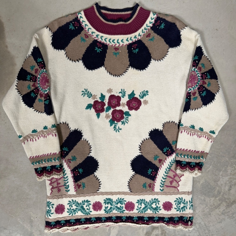 Ninon de Lenclos Vintage Floral Embroidered Ramie Cotton Sweater Womens Medium